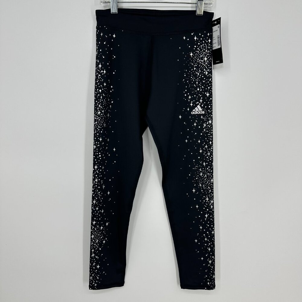 Adidas‎ Glam Tights Leggings M Youth Girls Sparkle Star Black Silver